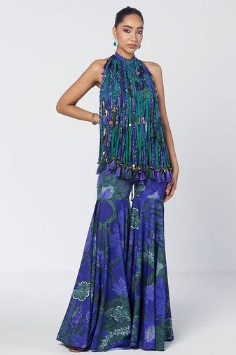 Blue embroidered crepe sharara set with tessel collar
