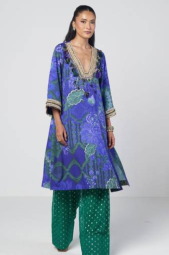 Blue embroidered crepe and georgette jacquard kurta and salwar set