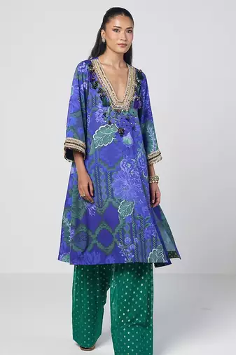 Blue embroidered crepe and georgette jacquard kurta and salwar set