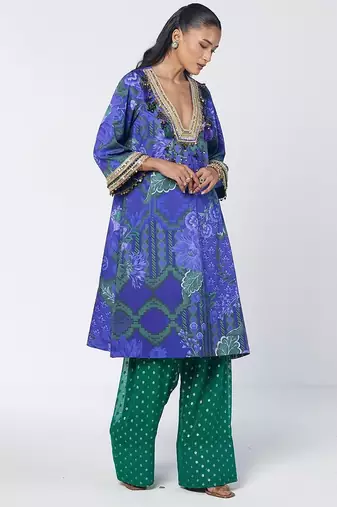 Blue embroidered crepe and georgette jacquard kurta and salwar set