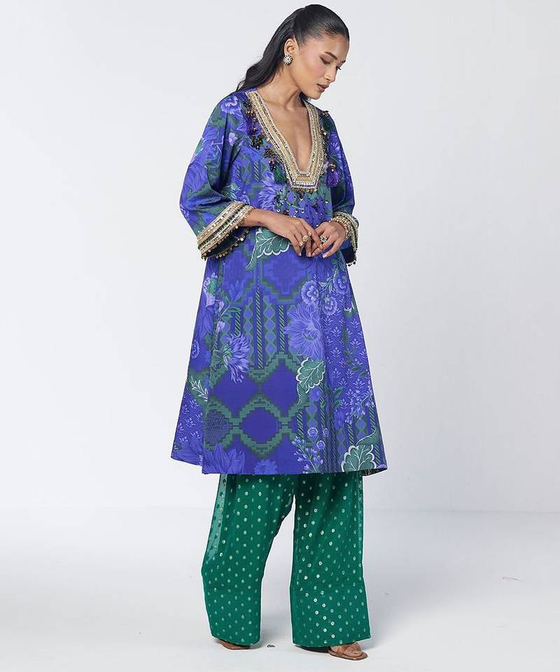 Blue embroidered crepe and georgette jacquard kurta and salwar set