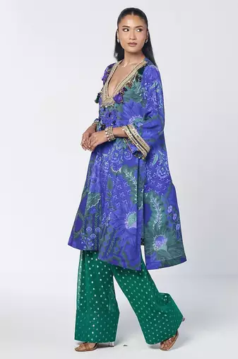 Blue embroidered crepe and georgette jacquard kurta and salwar set