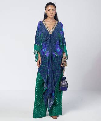 Blue embroidered crepe and georgette jacquard kaftan and salwar set 1