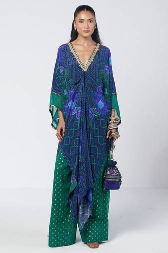 Blue embroidered crepe and georgette jacquard kaftan and salwar set