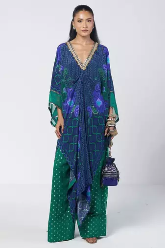 Blue embroidered crepe and georgette jacquard kaftan and salwar set