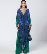 Blue embroidered crepe and georgette jacquard kaftan and salwar set