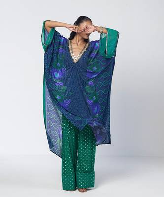 Blue embroidered crepe and georgette jacquard kaftan and salwar set 2