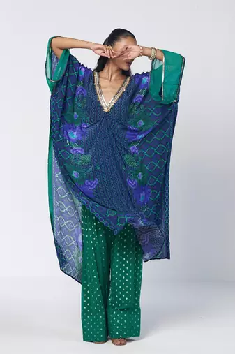 Blue embroidered crepe and georgette jacquard kaftan and salwar set