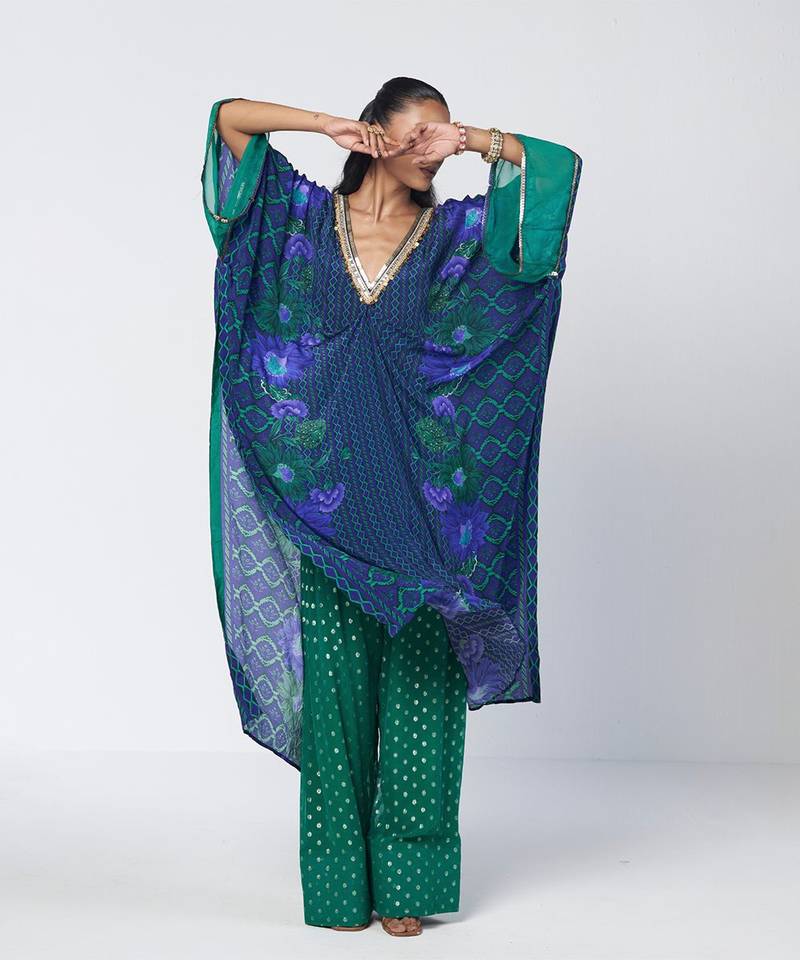Blue embroidered crepe and georgette jacquard kaftan and salwar set