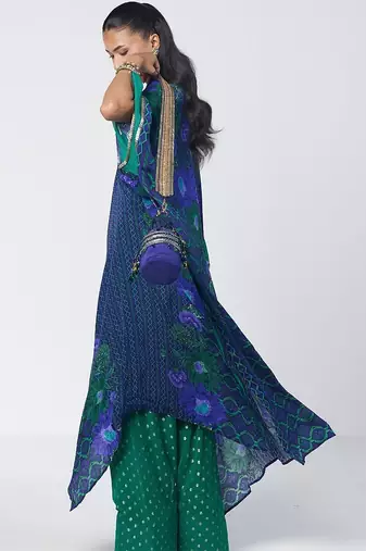 Blue embroidered crepe and georgette jacquard kaftan and salwar set