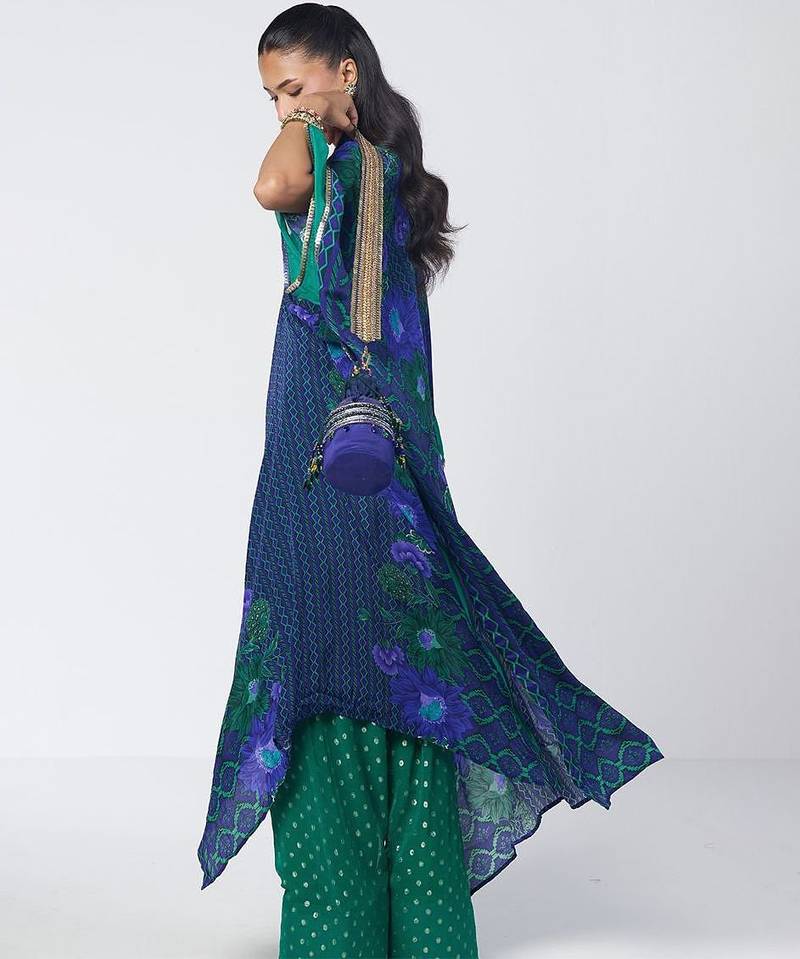 Blue embroidered crepe and georgette jacquard kaftan and salwar set