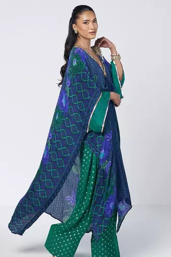Blue embroidered crepe and georgette jacquard kaftan and salwar set