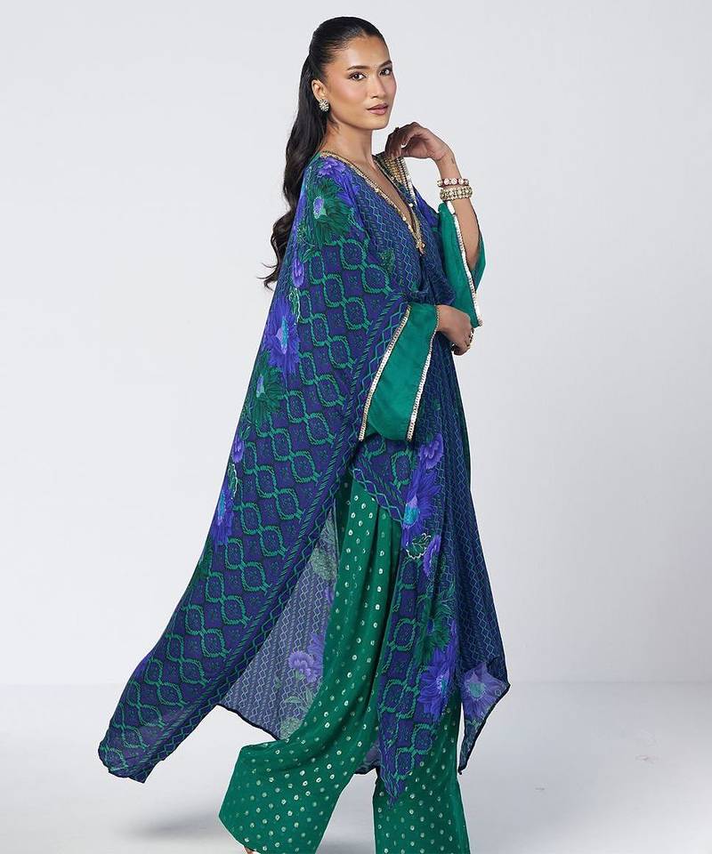 Blue embroidered crepe and georgette jacquard kaftan and salwar set