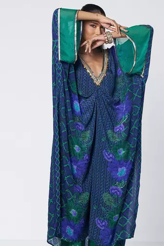 Blue embroidered crepe and georgette jacquard kaftan and salwar set