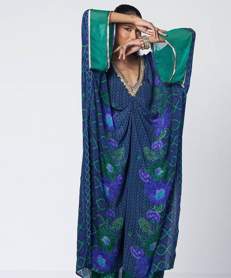 Blue embroidered crepe and georgette jacquard kaftan and salwar set