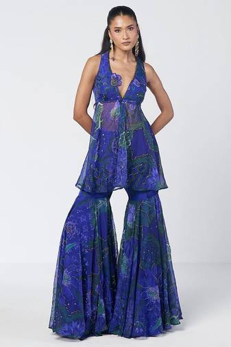 Blue embroidered organza sharara set