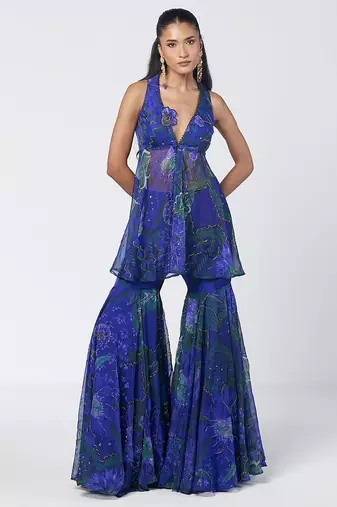 Blue embroidered organza sharara set