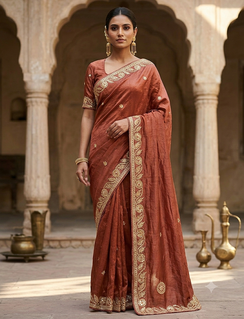 new fancy coffe brown pure crape gota patti work saree