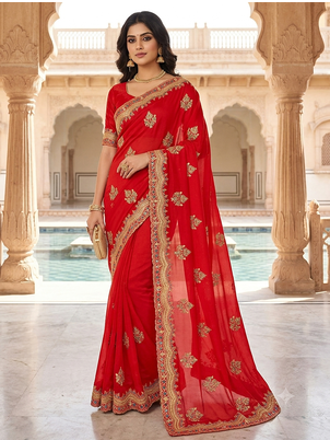 facy desiger red zari stone work saree 1