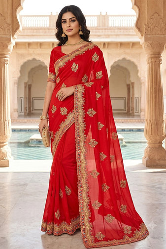 facy desiger red zari stone work saree