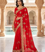 facy desiger red zari stone work saree