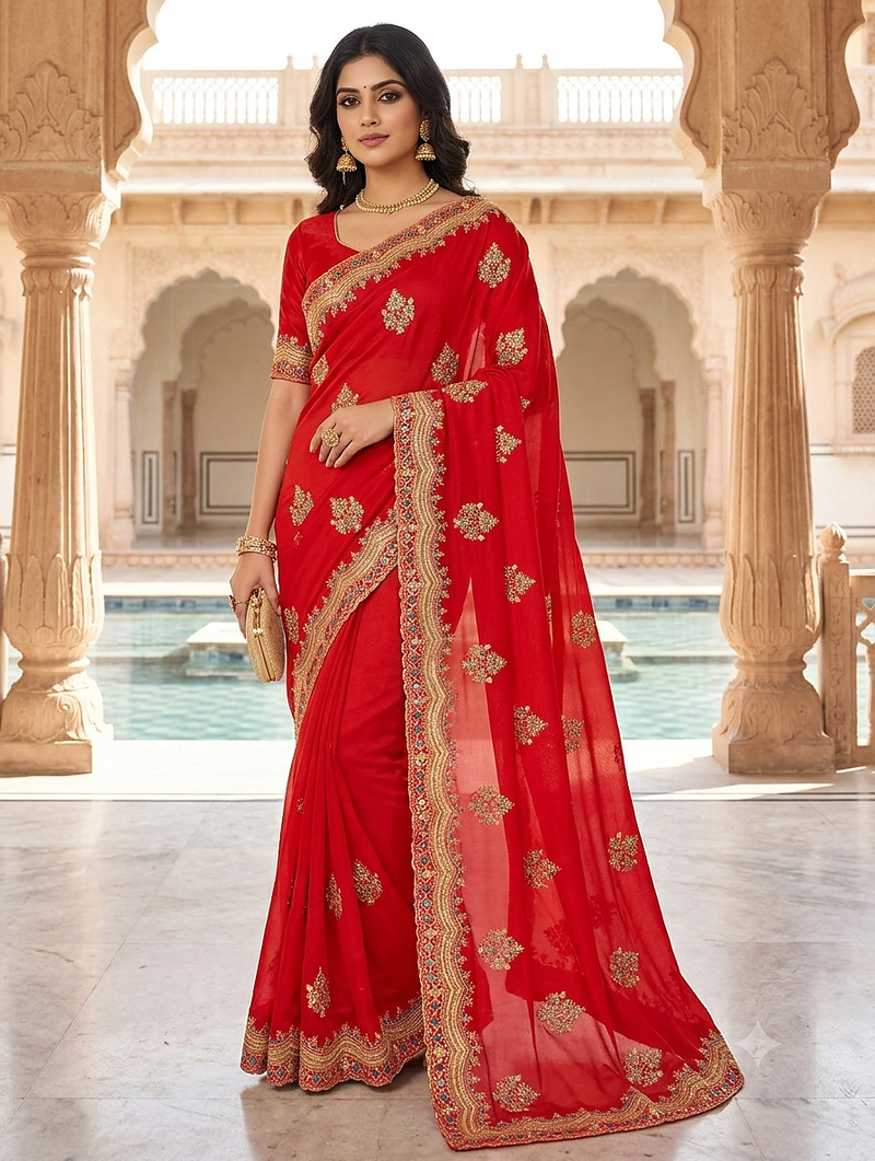facy desiger red zari stone work saree