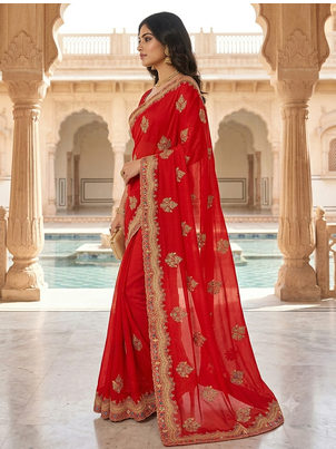 facy desiger red zari stone work saree 2
