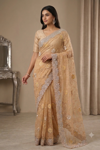 fancy gold colour stone with thread work saree 