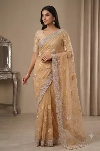 fancy gold colour stone with thread work saree 
