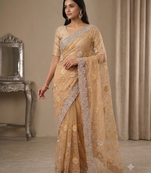 fancy gold colour stone with thread work saree 