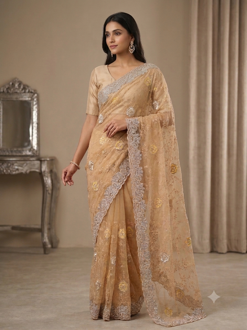 fancy gold colour stone with thread work saree 
