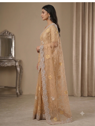 fancy gold colour stone with thread work saree  2