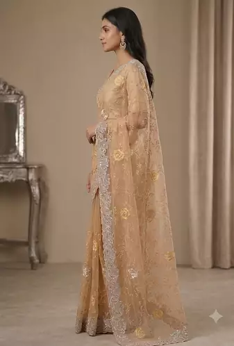 fancy gold colour stone with thread work saree 