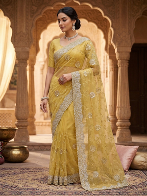 fancy light  mustrard thread with stone handwork saree 1