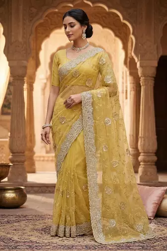 fancy light  mustrard thread with stone handwork saree
