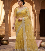 fancy light  mustrard thread with stone handwork saree
