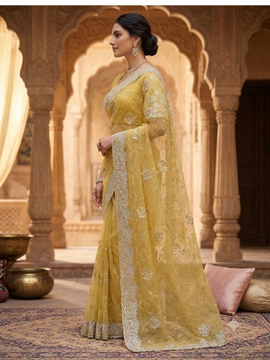 fancy light  mustrard thread with stone handwork saree 2
