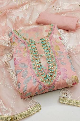 Floral Printed Beads And Stones Organza Unstitched Dress Material