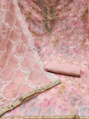Floral Printed Beads And Stones Organza Unstitched Dress Material 2