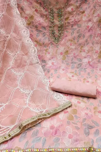 Floral Printed Beads And Stones Organza Unstitched Dress Material