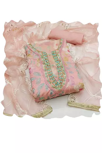 Floral Printed Beads And Stones Organza Unstitched Dress Material