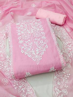 Floral Embroidered Zari Chanderi Cotton Unstitched Dress Material 1