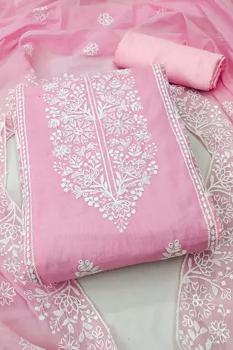 Floral Embroidered Zari Chanderi Cotton Unstitched Dress Material