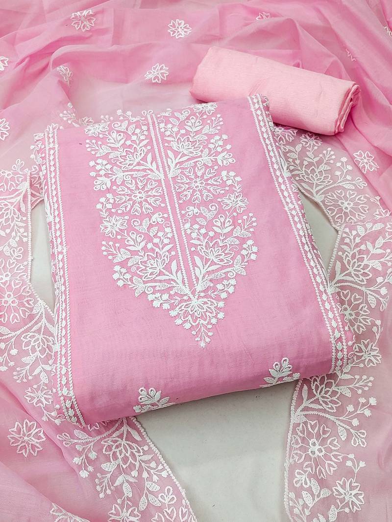 Floral Embroidered Zari Chanderi Cotton Unstitched Dress Material