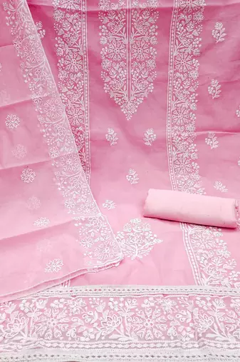 Floral Embroidered Zari Chanderi Cotton Unstitched Dress Material