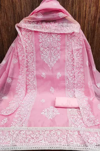 Floral Embroidered Zari Chanderi Cotton Unstitched Dress Material
