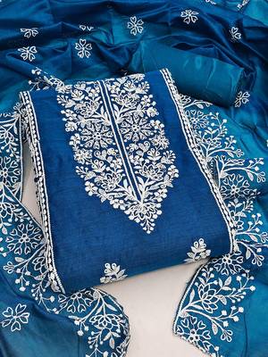 Floral Embroidered Thread Work Chanderi Cotton Unstitched Dress Material 1