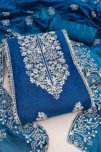 Floral Embroidered Thread Work Chanderi Cotton Unstitched Dress Material
