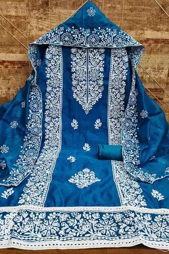 Floral Embroidered Thread Work Chanderi Cotton Unstitched Dress Material