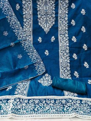 Floral Embroidered Thread Work Chanderi Cotton Unstitched Dress Material 3